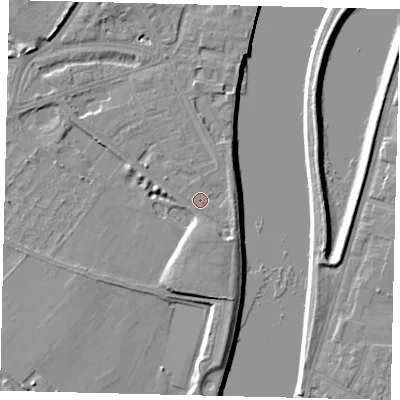 Shaded relief map of the ground around W42RJ, computed from Environment Agency LiDAR. The ground here sits at about 5 m above sea level and falls 7 m across the surrounding 800 m. Surface water reaching this point runs off ground lying to the north-east, 1.6 m higher.