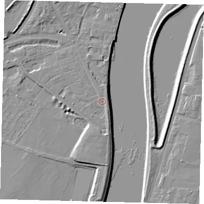 Shaded relief map of the ground around W42RL, computed from Environment Agency LiDAR. The ground here sits at about 5 m above sea level and falls 7 m across the surrounding 800 m. Surface water reaching this point runs off ground lying to the east-south-east, 1.5 m higher.