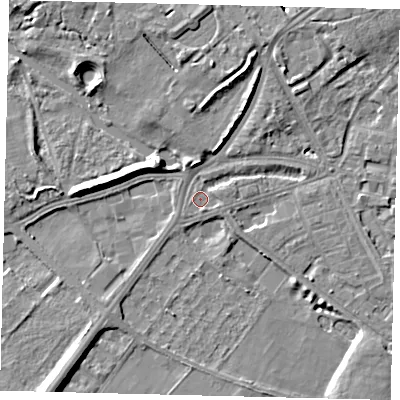 Shaded relief map of the ground around W42RQ, computed from Environment Agency LiDAR. The ground here sits at about 5 m above sea level and falls 8 m across the surrounding 800 m. Surface water reaching this point runs off ground lying to the north-north-east, 6.4 m higher.