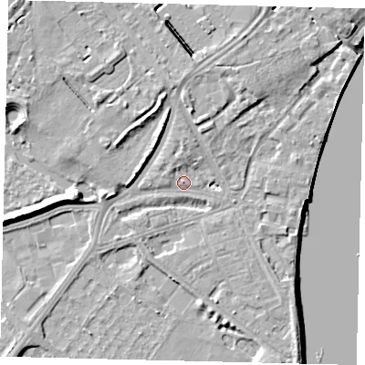 Shaded relief map of the ground around W42RS, computed from Environment Agency LiDAR. The ground here sits at about 5 m above sea level and falls 8 m across the surrounding 800 m. Surface water reaching this point runs off ground lying to the north, 1.8 m higher.