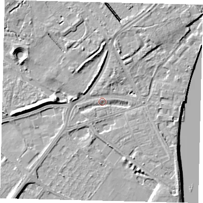 Shaded relief map of the ground around W42RT, computed from Environment Agency LiDAR. The ground here sits at about 5 m above sea level and falls 8 m across the surrounding 800 m. Surface water reaching this point runs off ground lying to the north-north-east, 5.2 m higher.