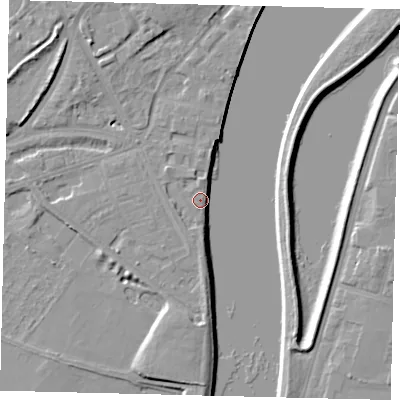 Shaded relief map of the ground around W42RU, computed from Environment Agency LiDAR. The ground here sits at about 5 m above sea level and falls 8 m across the surrounding 800 m. Surface water reaching this point runs off ground lying to the south, 6.1 m higher.