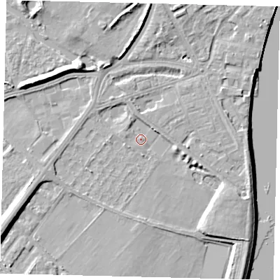Shaded relief map of the ground around W42RX, computed from Environment Agency LiDAR. The ground here sits at about 4 m above sea level and falls 10 m across the surrounding 800 m. Surface water reaching this point runs off ground lying to the west-north-west, 1.7 m higher.