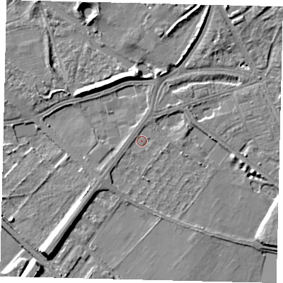Shaded relief map of the ground around W42RY, computed from Environment Agency LiDAR. The ground here sits at about 4 m above sea level and falls 9 m across the surrounding 800 m. Surface water reaching this point runs off ground lying to the south-west, 2.0 m higher.