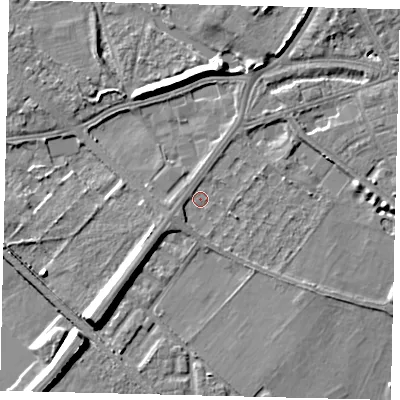 Shaded relief map of the ground around W42RZ, computed from Environment Agency LiDAR. The ground here sits at about 4 m above sea level and falls 9 m across the surrounding 800 m. Surface water reaching this point runs off ground lying to the south-west, 7.4 m higher.