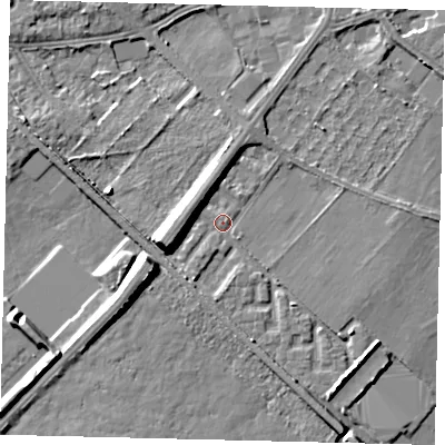 Shaded relief map of the ground around W42SA, computed from Environment Agency LiDAR. The ground here sits at about 5 m above sea level and falls 9 m across the surrounding 800 m. Surface water reaching this point runs off ground lying to the west-south-west, 7.8 m higher.