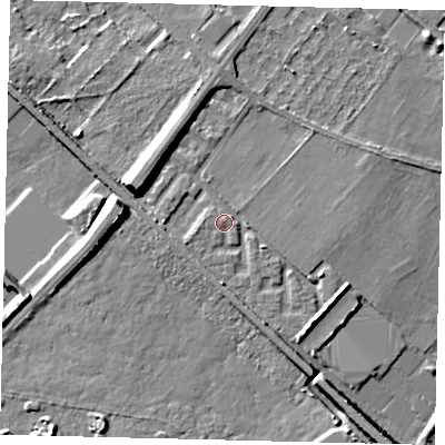 Shaded relief map of the ground around W42SD, computed from Environment Agency LiDAR. The ground here sits at about 6 m above sea level and falls 9 m across the surrounding 800 m. Surface water reaching this point runs off ground lying to the south-east, 3.7 m higher.