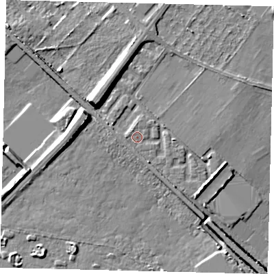Shaded relief map of the ground around W42SE, computed from Environment Agency LiDAR. The ground here sits at about 5 m above sea level and falls 9 m across the surrounding 800 m. Surface water reaching this point runs off ground lying to the south-south-east, 1.8 m higher.