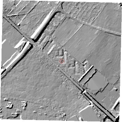 Shaded relief map of the ground around W42SF, computed from Environment Agency LiDAR. The ground here sits at about 5 m above sea level and falls 11 m across the surrounding 800 m. Surface water reaching this point runs off ground lying to the south-south-east, 2.9 m higher.