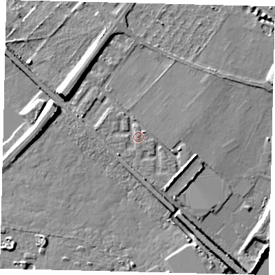 Shaded relief map of the ground around W42SG, computed from Environment Agency LiDAR. The ground here sits at about 6 m above sea level and falls 11 m across the surrounding 800 m. Surface water reaching this point runs off ground lying to the south, 2.9 m higher.