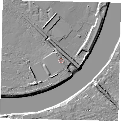 Shaded relief map of the ground around W42SH, computed from Environment Agency LiDAR. The ground here sits at about 8 m above sea level and falls 9 m across the surrounding 800 m. Surface water reaching this point runs off ground lying to the east, 0.8 m higher.