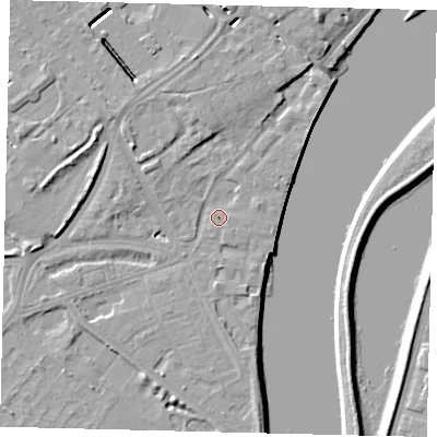 Shaded relief map of the ground around W42SL, computed from Environment Agency LiDAR. The ground here sits at about 5 m above sea level and falls 8 m across the surrounding 800 m. Surface water reaching this point runs off ground lying to the north-west, 3.6 m higher.