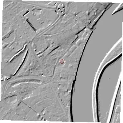 Shaded relief map of the ground around W42SN, computed from Environment Agency LiDAR. The ground here sits at about 5 m above sea level and falls 8 m across the surrounding 800 m. Surface water reaching this point runs off ground lying to the west-north-west, 3.6 m higher.