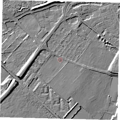 Shaded relief map of the ground around W42SP, computed from Environment Agency LiDAR. The ground here sits at about 4 m above sea level and falls 9 m across the surrounding 800 m. Surface water reaching this point runs off ground lying to the west-south-west, 7.3 m higher.