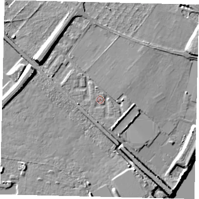 Shaded relief map of the ground around W42SQ, computed from Environment Agency LiDAR. The ground here sits at about 6 m above sea level and falls 11 m across the surrounding 800 m. Surface water reaching this point runs off ground lying to the south-east, 3.7 m higher.