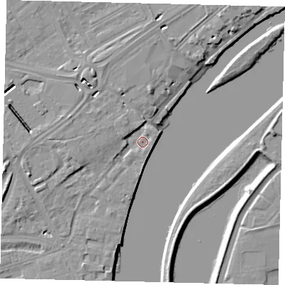 Shaded relief map of the ground around W42SR, computed from Environment Agency LiDAR. The ground here sits at about 5 m above sea level and falls 8 m across the surrounding 800 m. Surface water reaching this point runs off ground lying to the west, 2.9 m higher.