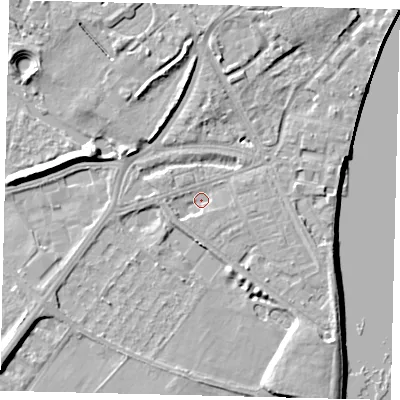 Shaded relief map of the ground around W42ST, computed from Environment Agency LiDAR. The ground here sits at about 4 m above sea level and falls 8 m across the surrounding 800 m. Surface water reaching this point runs off ground lying to the south-east, 3.1 m higher.