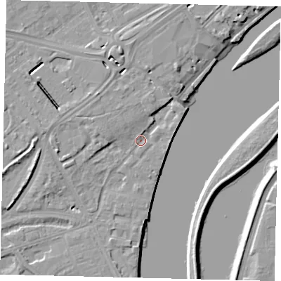 Shaded relief map of the ground around W42SW, computed from Environment Agency LiDAR. The ground here sits at about 5 m above sea level and falls 8 m across the surrounding 800 m. Surface water reaching this point runs off ground lying to the west-north-west, 2.9 m higher.