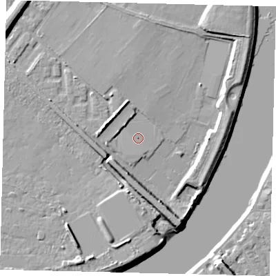 Shaded relief map of the ground around W42SX, computed from Environment Agency LiDAR. The ground here sits at about 4 m above sea level and falls 9 m across the surrounding 800 m. Surface water reaching this point runs off ground lying to the south-south-east, 7.9 m higher.