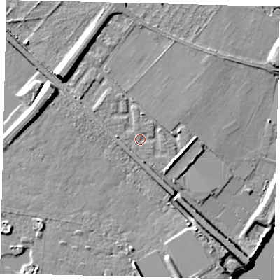 Shaded relief map of the ground around W42TA, computed from Environment Agency LiDAR. The ground here sits at about 5 m above sea level and falls 11 m across the surrounding 800 m. Surface water reaching this point runs off ground lying to the south, 2.5 m higher.