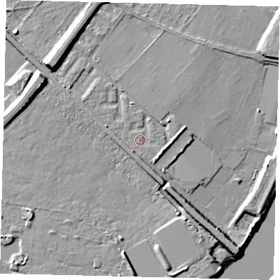 Shaded relief map of the ground around W42TB, computed from Environment Agency LiDAR. The ground here sits at about 5 m above sea level and falls 11 m across the surrounding 800 m. Surface water reaching this point runs off ground lying to the south-south-west, 2.8 m higher.