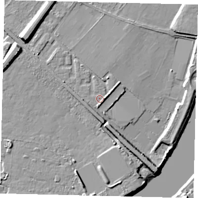 Shaded relief map of the ground around W42TD, computed from Environment Agency LiDAR. The ground here sits at about 5 m above sea level and falls 11 m across the surrounding 800 m. Surface water reaching this point runs off ground lying to the south-south-east, 2.4 m higher.
