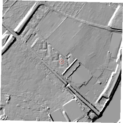 Shaded relief map of the ground around W42TE, computed from Environment Agency LiDAR. The ground here sits at about 5 m above sea level and falls 11 m across the surrounding 800 m. Surface water reaching this point runs off ground lying to the south-west, 2.9 m higher.