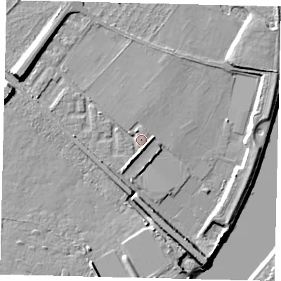Shaded relief map of the ground around W42TF, computed from Environment Agency LiDAR. The ground here sits at about 5 m above sea level and falls 11 m across the surrounding 800 m. Surface water reaching this point runs off ground lying to the south-south-west, 3.6 m higher.