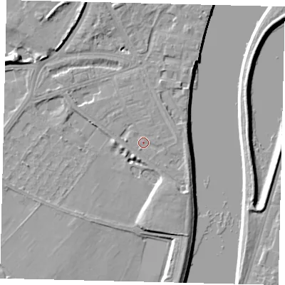 Shaded relief map of the ground around W42TL, computed from Environment Agency LiDAR. The ground here sits at about 5 m above sea level and falls 8 m across the surrounding 800 m. Surface water reaching this point runs off ground lying to the east, 1.6 m higher.