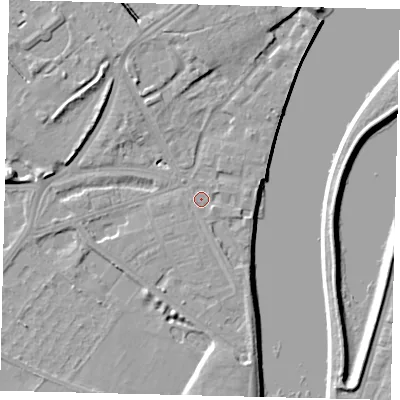 Shaded relief map of the ground around W42TN, computed from Environment Agency LiDAR. The ground here sits at about 5 m above sea level and falls 8 m across the surrounding 800 m. Surface water reaching this point runs off ground lying to the east-south-east, 1.6 m higher.