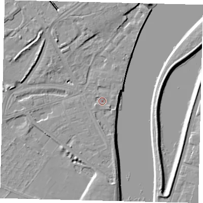 Shaded relief map of the ground around W42TP, computed from Environment Agency LiDAR. The ground here sits at about 5 m above sea level and falls 8 m across the surrounding 800 m. Surface water reaching this point runs off ground lying to the west-south-west, 1.6 m higher.