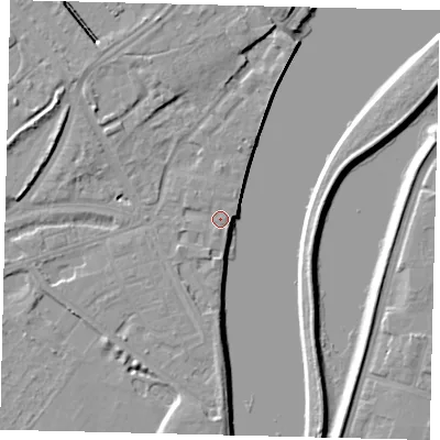 Shaded relief map of the ground around W42TR, computed from Environment Agency LiDAR. The ground here sits at about 5 m above sea level and falls 8 m across the surrounding 800 m. Surface water reaching this point runs off ground lying to the south-south-west, 0.7 m higher.