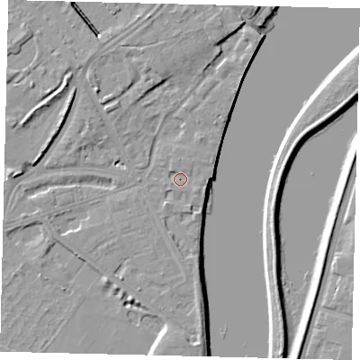 Shaded relief map of the ground around W42TS, computed from Environment Agency LiDAR. The ground here sits at about 5 m above sea level and falls 8 m across the surrounding 800 m. Surface water reaching this point runs off ground lying to the east-south-east, 1.2 m higher.