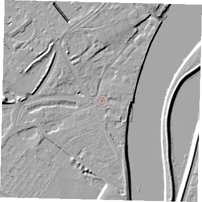 Shaded relief map of the ground around W42TT, computed from Environment Agency LiDAR. The ground here sits at about 5 m above sea level and falls 8 m across the surrounding 800 m. Surface water reaching this point runs off ground lying to the north-west, 3.7 m higher.