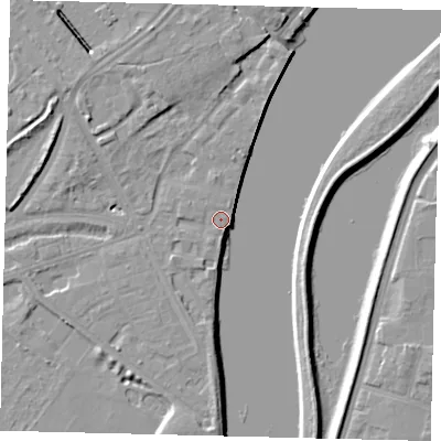 Shaded relief map of the ground around W42TU, computed from Environment Agency LiDAR. The ground here sits at about 5 m above sea level and falls 8 m across the surrounding 800 m. Surface water reaching this point runs off ground lying to the south, 5.7 m higher.