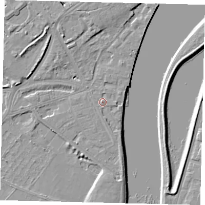 Shaded relief map of the ground around W42TW, computed from Environment Agency LiDAR. The ground here sits at about 6 m above sea level and falls 8 m across the surrounding 800 m. Surface water reaching this point runs off ground lying to the north, 1.6 m higher.