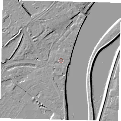 Shaded relief map of the ground around W42TY, computed from Environment Agency LiDAR. The ground here sits at about 6 m above sea level and falls 8 m across the surrounding 800 m. Surface water reaching this point runs off ground lying to the south-south-east, 1.0 m higher.