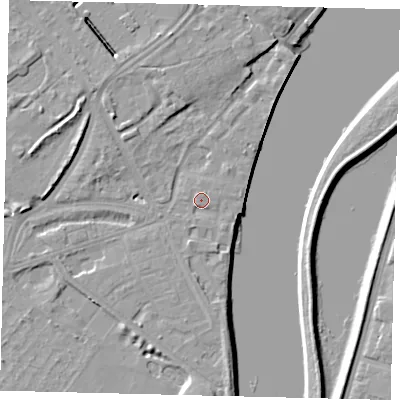 Shaded relief map of the ground around W42TZ, computed from Environment Agency LiDAR. The ground here sits at about 6 m above sea level and falls 8 m across the surrounding 800 m. Surface water reaching this point runs off ground lying to the south-east, 1.2 m higher.