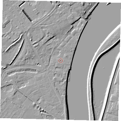 Shaded relief map of the ground around W42UA, computed from Environment Agency LiDAR. The ground here sits at about 5 m above sea level and falls 8 m across the surrounding 800 m. Surface water reaching this point runs off ground lying to the north-east, 1.1 m higher.