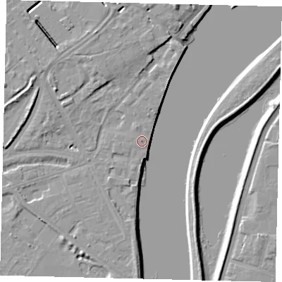 Shaded relief map of the ground around W42UB, computed from Environment Agency LiDAR. The ground here sits at about 6 m above sea level and falls 8 m across the surrounding 800 m. Surface water reaching this point runs off ground lying to the north-north-west, 0.9 m higher.