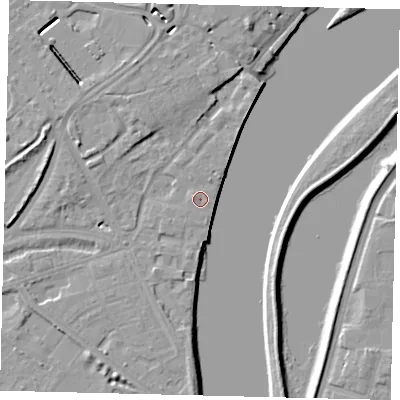Shaded relief map of the ground around W42UD, computed from Environment Agency LiDAR. The ground here sits at about 5 m above sea level and falls 8 m across the surrounding 800 m. Surface water reaching this point runs off ground lying to the west-north-west, 1.0 m higher.