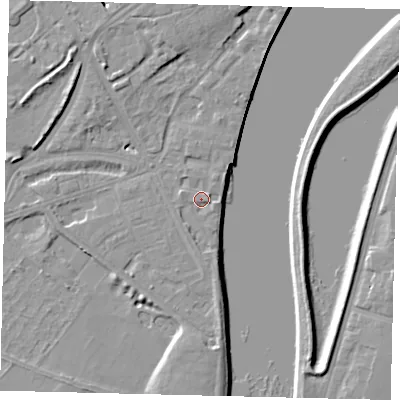 Shaded relief map of the ground around W42UG, computed from Environment Agency LiDAR. The ground here sits at about 5 m above sea level and falls 8 m across the surrounding 800 m. Surface water reaching this point runs off ground lying to the south-south-east, 1.4 m higher.