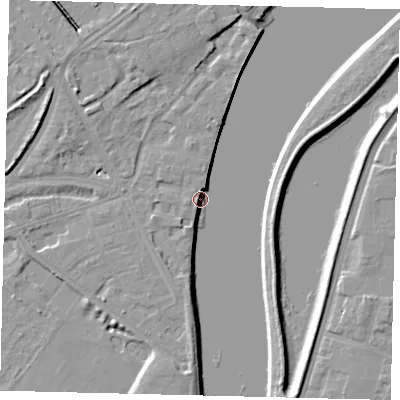 Shaded relief map of the ground around W42UH, computed from Environment Agency LiDAR. The ground here sits at about 4 m above sea level and falls 8 m across the surrounding 800 m. Surface water reaching this point runs off ground lying to the south-south-west, 5.9 m higher.