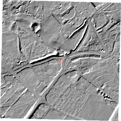 Shaded relief map of the ground around W43AB, computed from Environment Agency LiDAR. The ground here sits at about 4 m above sea level and falls 7 m across the surrounding 800 m. Surface water reaching this point runs off ground lying to the west, 5.9 m higher.