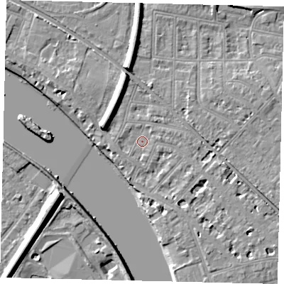 Shaded relief map of the ground around W43AJ, computed from Environment Agency LiDAR. The ground here sits at about 5 m above sea level and falls 11 m across the surrounding 800 m. Surface water reaching this point runs off ground lying to the west, 1.2 m higher.