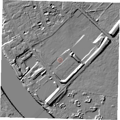 Shaded relief map of the ground around W43BA, computed from Environment Agency LiDAR. The ground here sits at about 6 m above sea level and falls 11 m across the surrounding 800 m. Surface water reaching this point runs off ground lying to the south-south-west, 3.1 m higher.