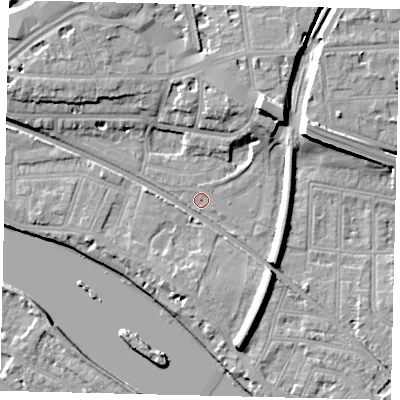 Shaded relief map of the ground around W43BX, computed from Environment Agency LiDAR. The ground here sits at about 5 m above sea level and falls 13 m across the surrounding 800 m. Surface water reaching this point runs off ground lying to the north-north-east, 0.8 m higher.