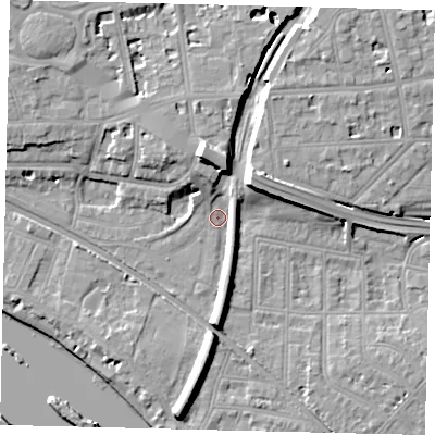 Shaded relief map of the ground around W43BY, computed from Environment Agency LiDAR. The ground here sits at about 5 m above sea level and falls 13 m across the surrounding 800 m. Surface water reaching this point runs off ground lying to the north-north-west, 10.0 m higher.
