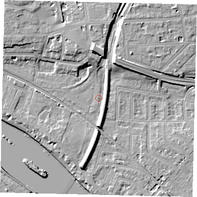Shaded relief map of the ground around W43BZ, computed from Environment Agency LiDAR. The ground here sits at about 5 m above sea level and falls 13 m across the surrounding 800 m. Surface water reaching this point runs off ground lying to the north, 9.7 m higher.