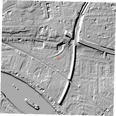 Shaded relief map of the ground around W43DF, computed from Environment Agency LiDAR. The ground here sits at about 5 m above sea level and falls 13 m across the surrounding 800 m. Surface water reaching this point runs off ground lying to the north-north-east, 1.8 m higher.